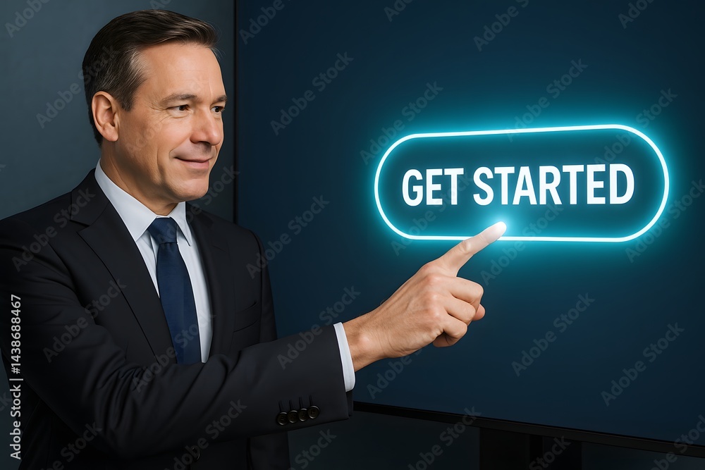 A caucasian businessman in a suit touches a glowing “Get Started” button on a dark digital panel. Concept of onboarding and user activation. A caucasian businessman in a suit touches a glowing “Get Started” button on a dark digital panel. Concept of onboarding and user activation.