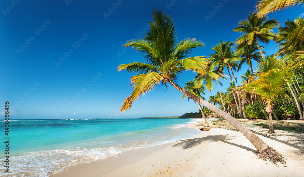 Obraz premium tropical white sand beach with palm trees and blue water