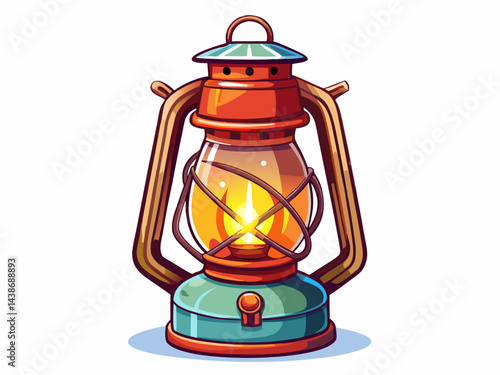 A high-quality vector illustration of a vintage camping lantern glowing warmly, isolated on a white background