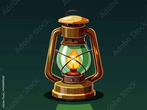 A clean vector of a retro kerosene lantern with glass cover, placed on a solid dark green background