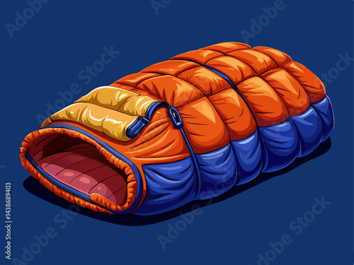 A realistic vector of a warm camping sleeping bag with a zipper, placed on a solid navy blue background
