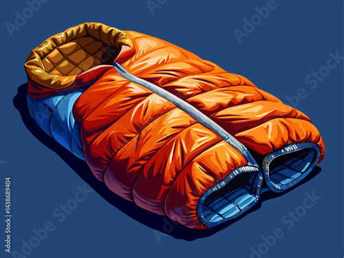 A realistic vector of a warm camping sleeping bag with a zipper, placed on a solid navy blue background