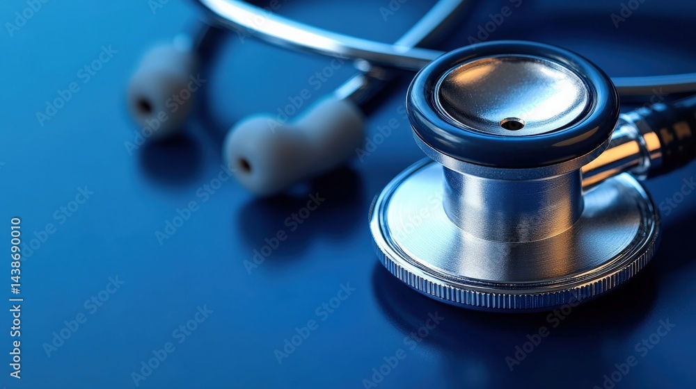 Close-up of a stethoscope on a blue surface, symbolizing healthcare and medical examination Close-up of a stethoscope on a blue surface, symbolizing healthcare and medical examination