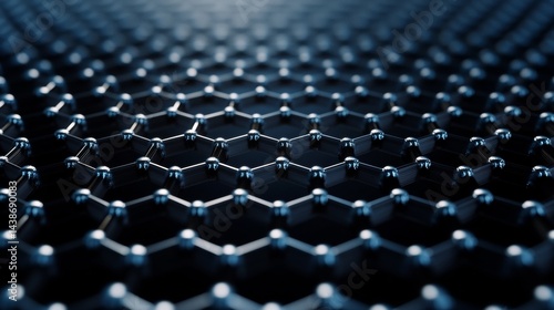 A 3D image shows graphene's honeycomb-like structure at the atomic level.  This nanotechnology material is made of carbon atoms arranged in hexagons.
