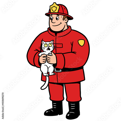 Firefighter gently holds rescued, scared white kitten bold red uniform vector illustration