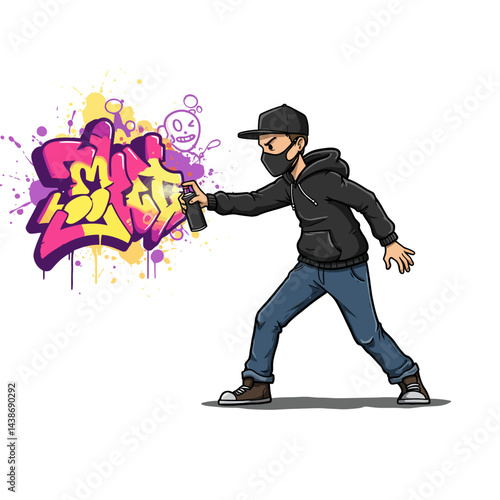 Street artist creates vibrant graffiti art, bold colors, dynamic pose, vector