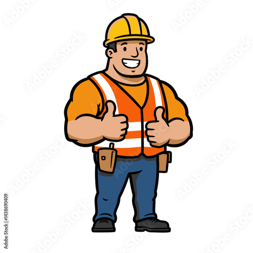 Happy construction worker gives two thumbs up bold cartoon style vector illustration 