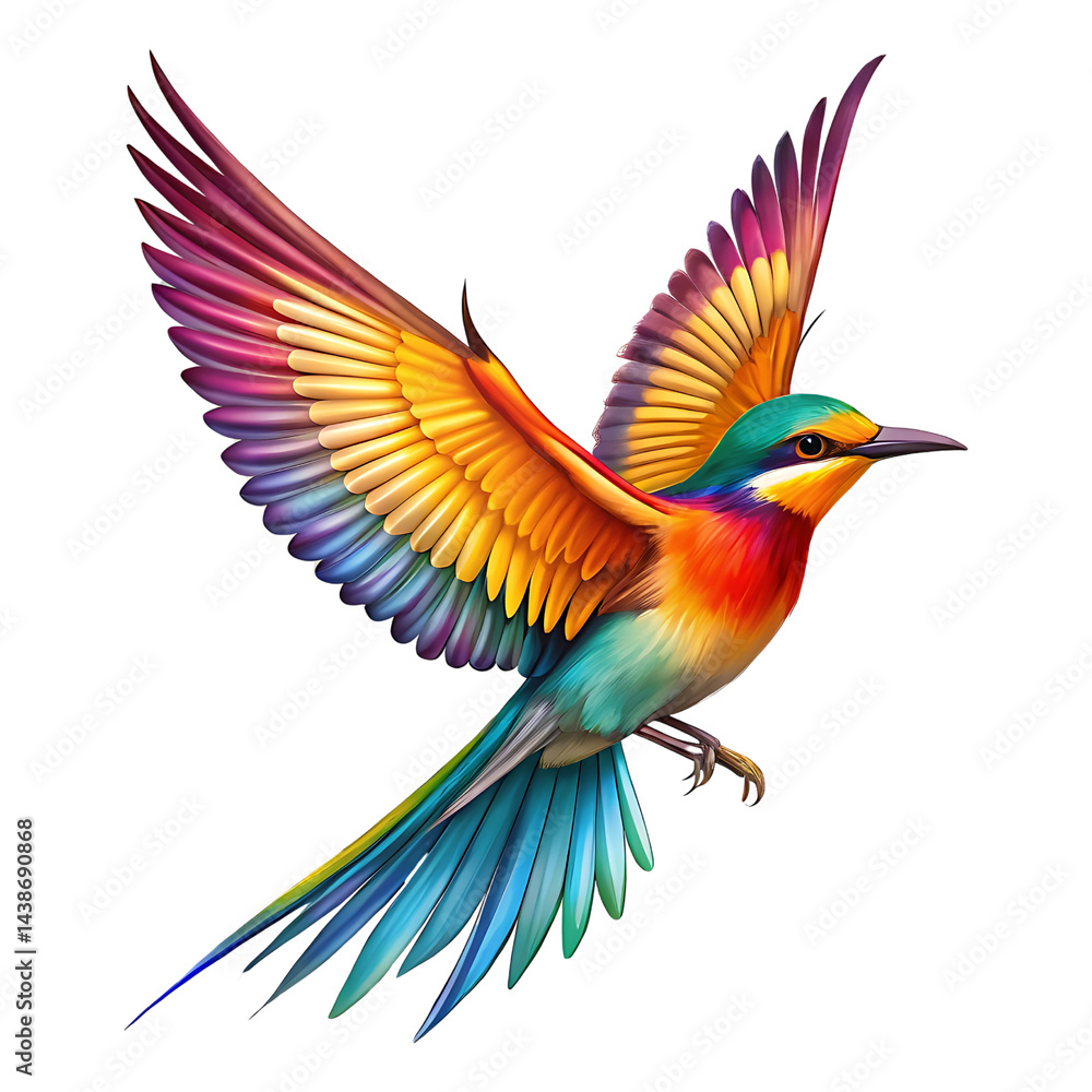 Obraz premium Vibrant Rainbow Bird in Flight Against isolated on transparent background