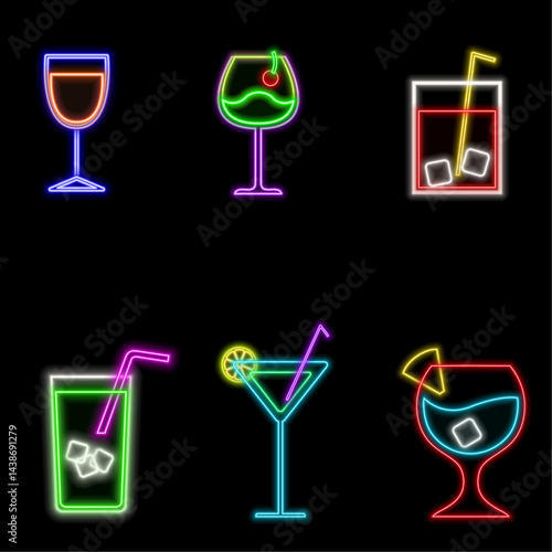 Tequila bar neon sign.Cocktails neon icon set. Cocktails collection neon signs.  Mexican alcoholic drinks pub emblem in neon style