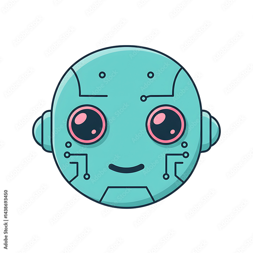 Fototapeta premium A friendly cartoon robot head with pink eyes and a simple smile on a black background centered on transparent background