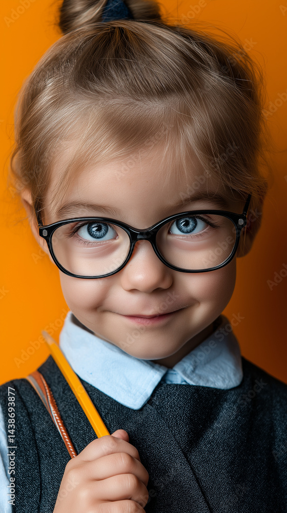 Ernstes Mädchen mit Brille und Zopf vor orangem Hintergrund in Schuluniform
