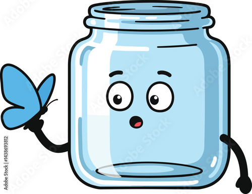 Cute cartoon glass jar with surprised expression holding blue butterfly vector illustration 