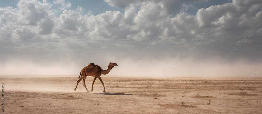 Naklejka premium A camel walking across a desert flat, its hooves raising clouds of dust, while the vast desert stretches endlessly around it