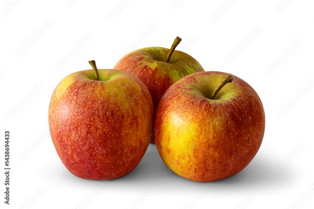 Group of three red apples with yellow and green spots, a sweet-tart crisp textured variety, isolated on white background with soft transparent shadows Group of three red apples with yellow and green spots, a sweet-tart crisp textured variety, isolated on white background with soft transparent shadows