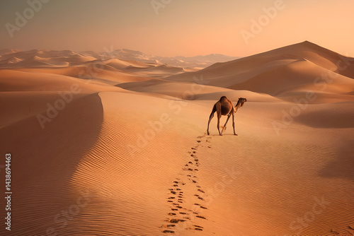 A camel walking slowly through the desert at dawn, the soft light illuminating the sand dunes and highlighting the camels footprints in the sand