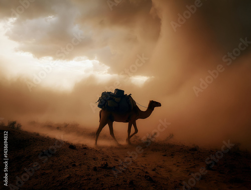 A camel with a loaded pack walking through a desert storm, dust swirling around it, its silhouette framed by the heavy, dark clouds overhead