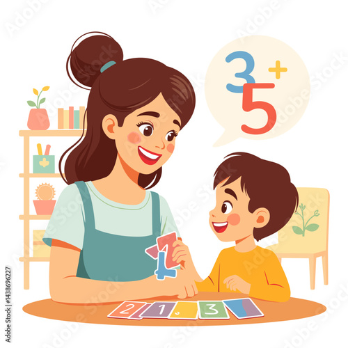 Mother teaching child to count with math cards in home setting  