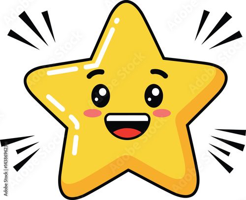 Smiling yellow star cartoon character with happy expression and shining rays vector illustration 