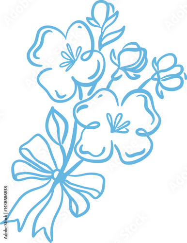 Blue hand drawn branch with flowers and ribbon bow. Floral clipart element in whimsical style. Spring vector illustration