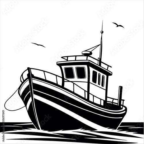 Silhouette of a vintage luxury Yacht, ship, fishing boat, black and white, white background, isolated on a vector illustration