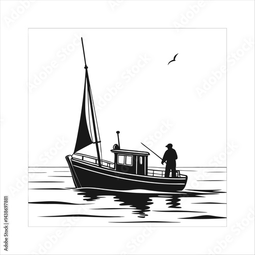 Silhouette of a vintage luxury Yacht, ship, fishing boat, black and white, white background, isolated on a vector illustration