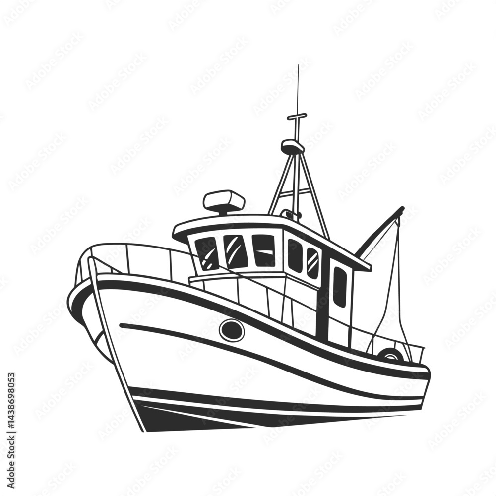 Obraz premium Silhouette of a vintage luxury Yacht, ship, fishing boat, black and white, white background, isolated on a vector illustration