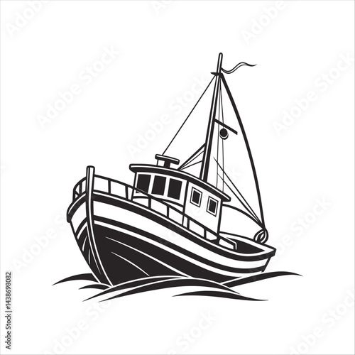Silhouette of a vintage luxury Yacht, ship, fishing boat, black and white, white background, isolated on a vector illustration