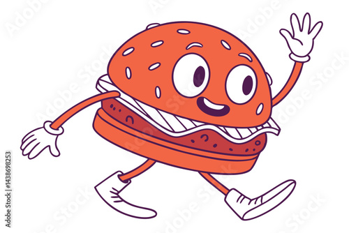 Cartoon Burger Character Running with Smiling Face and Waving Hand, Retro Comic Style, Isolated on White Background.