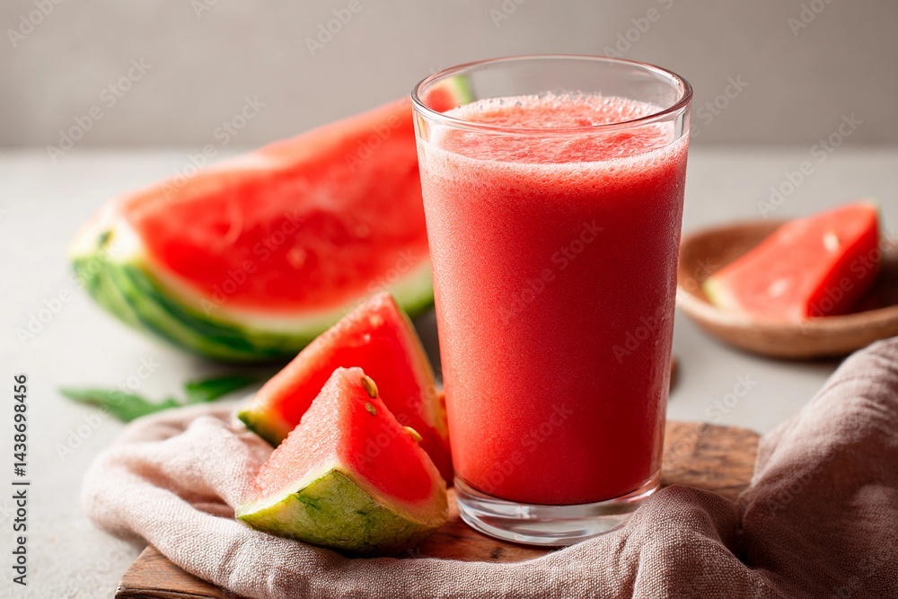 A vibrant watermelon smoothie fills a clear glass, accompanied by fresh watermelon slices. The setting highlights the hydration and freshness, perfect for warm days A vibrant watermelon smoothie fills a clear glass, accompanied by fresh watermelon slices. The setting highlights the hydration and freshness, perfect for warm days