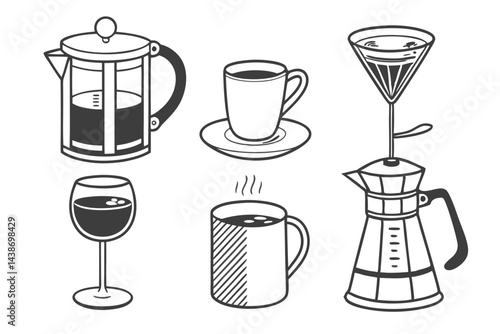 Set of Beverages Vector Icons, including Coffee Maker, Mug, French Press, and Wine Glass, in Black and White.