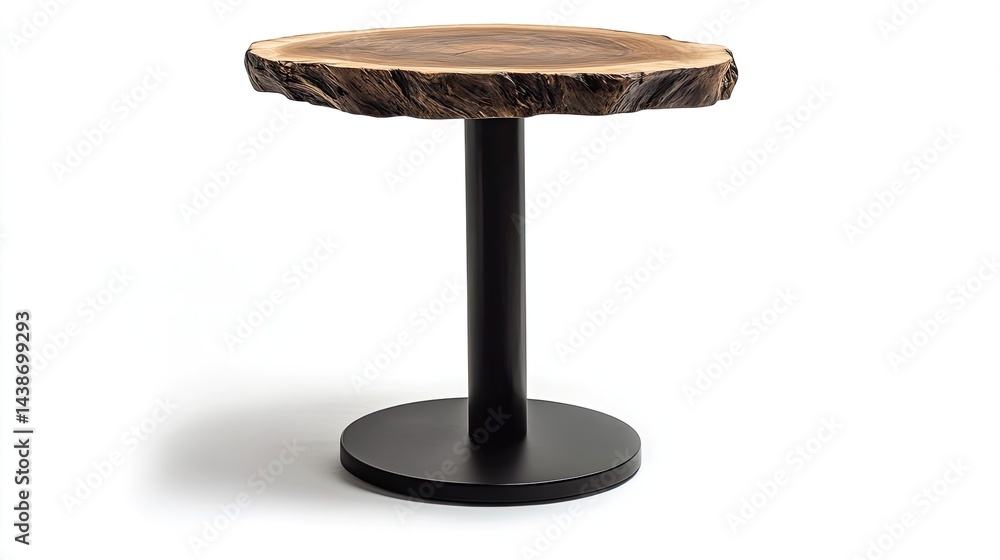 A rustic stool with a broad circular top featuring live-edge detailing and a sleek black steel base A rustic stool with a broad circular top featuring live-edge detailing and a sleek black steel base