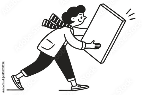 Cartoon Character Carrying a Blank Frame, Illustration in Black and White Style, Opportunity, Space for Text and Creativity.
