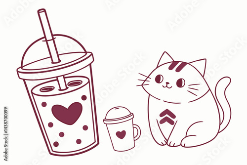 Cute Cat Sitting Next to Bubble Tea Drinks in an Outline Style Illustration for Stickers and Backgrounds.