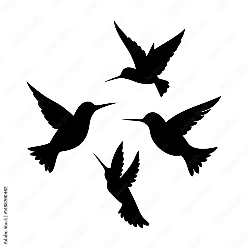 Fototapeta premium Vector silhouettes of flying birds like eagle and dove are wild animal illustrations with black wings in nature, often used as a freedom symbol or tattoo design