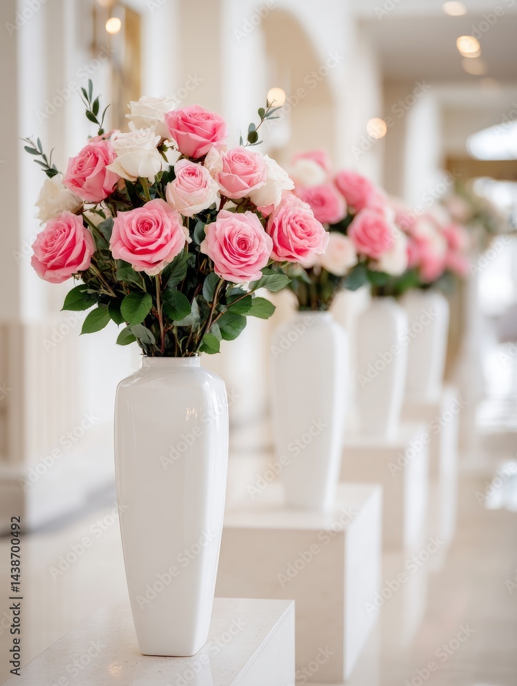Obraz premium Elegant Pink and White Roses in Vases - Stunning pink and white roses arranged in elegant white vases, creating a sophisticated and romantic ambiance. Perfect for wedding, event, or home decor