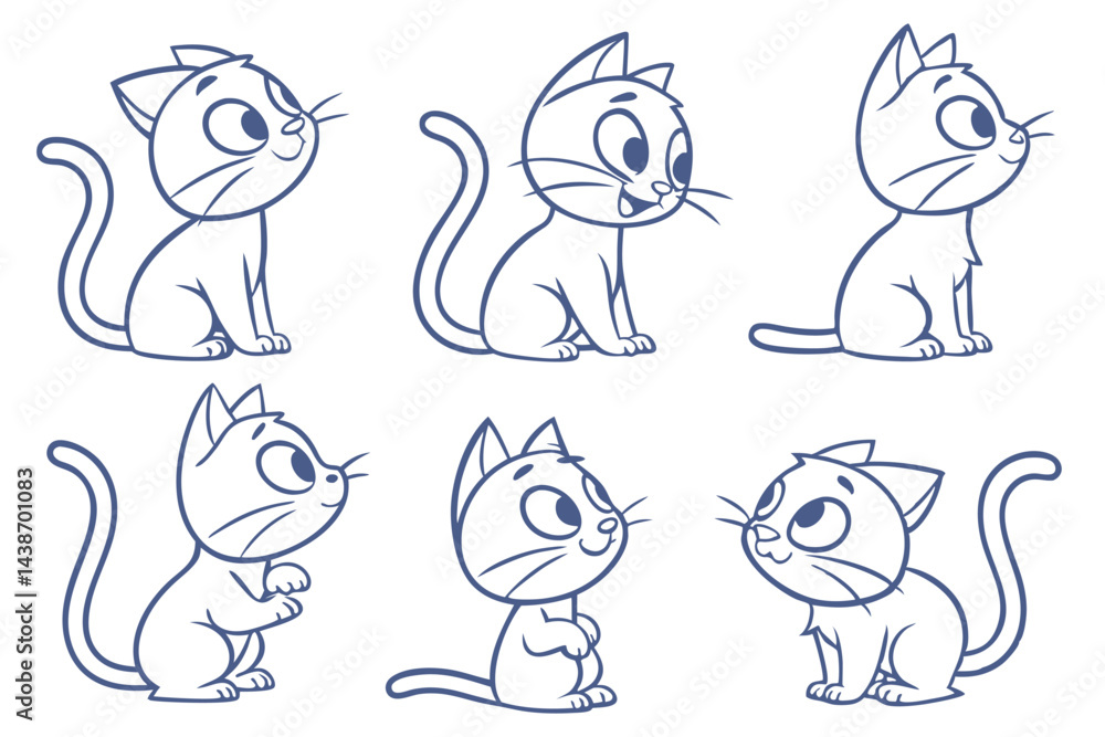 Set of Cute Cartoon Cat Illustrations in Various Poses, Outlined Drawing for Children Designs. Set of Cute Cartoon Cat Illustrations in Various Poses, Outlined Drawing for Children Designs.