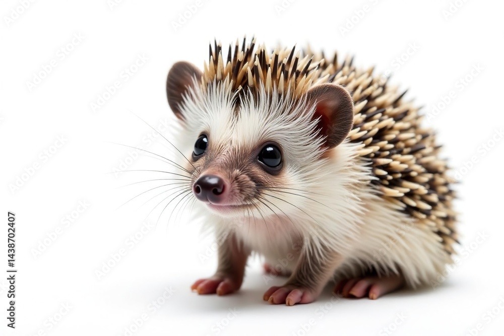 Fototapeta premium Small hedgehog isolated on pure white background, dark, pet