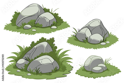 Cartoon Rocks and Stones with Grass Vector Illustration for Game Design, Landscaping, and Nature Scenes.