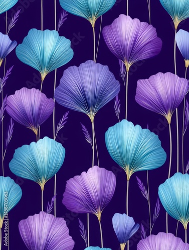 Wallpaper Mural Floral Pattern: Purple and Teal Blossoms - Elegant, stylized floral design. Symbolizes serenity, growth, beauty, nature, and tranquility. Perfect for textiles, wallpaper, and more Torontodigital.ca