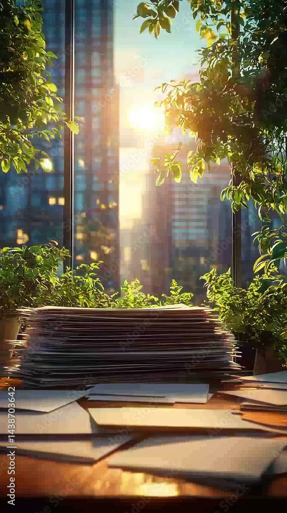 Obraz premium Sunny office view with papers and green plants on desk