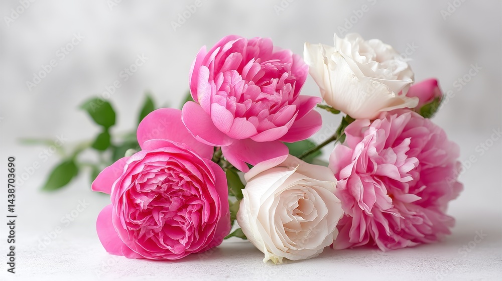 Fototapeta premium Fresh Pink Peonies and Roses Bouquet - Elegant pink and white roses and peonies symbolize love, beauty, purity, and new beginnings. A perfect gift for any occasion