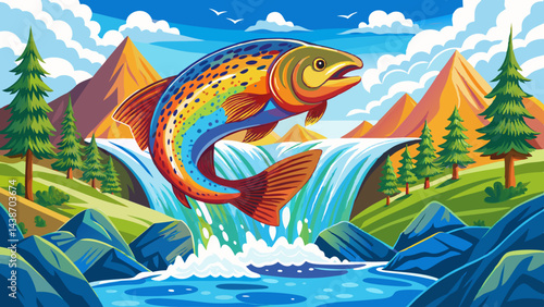 rainbow trout jumps out of the water on the background of a waterfall