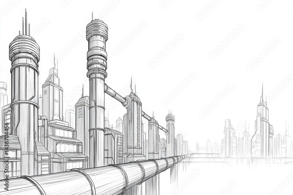 Fototapeta premium Futuristic Cityscape Sketch - A detailed pencil sketch of a futuristic city with tall buildings and a large pipeline running along a waterfront