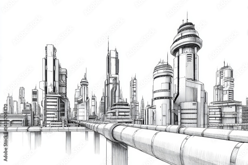 Fototapeta premium Futuristic Cityscape Sketch: Industrial Skyline - A hand-drawn sketch of a futuristic city, symbolizing technology, innovation, urban planning, progress