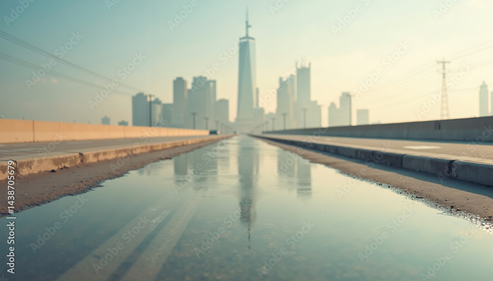 Obraz premium Reflections of a modern skyline in a shallow puddle on an urban street during early morning light