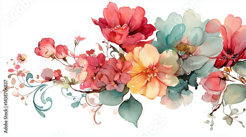 Fototapeta Naklejka Na Ścianę i Meble -  floral top border with watercolor blooms and scroll curves, no background, isolated frame