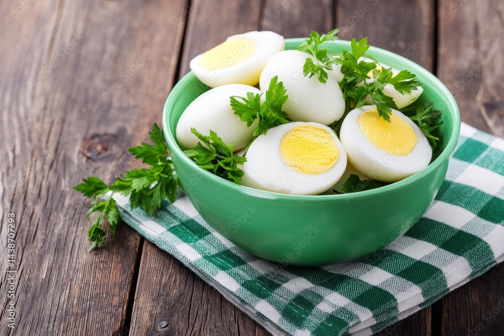 Green Bowl of Hard Boiled Eggs and Parsley - A green bowl filled with halved hard-boiled eggs and fresh parsley. Symbolism: health, freshness, protein, nourishment, simple meal Green Bowl of Hard Boiled Eggs and Parsley - A green bowl filled with halved hard-boiled eggs and fresh parsley. Symbolism: health, freshness, protein, nourishment, simple meal