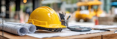 Construction plans and safety gear on a wooden table