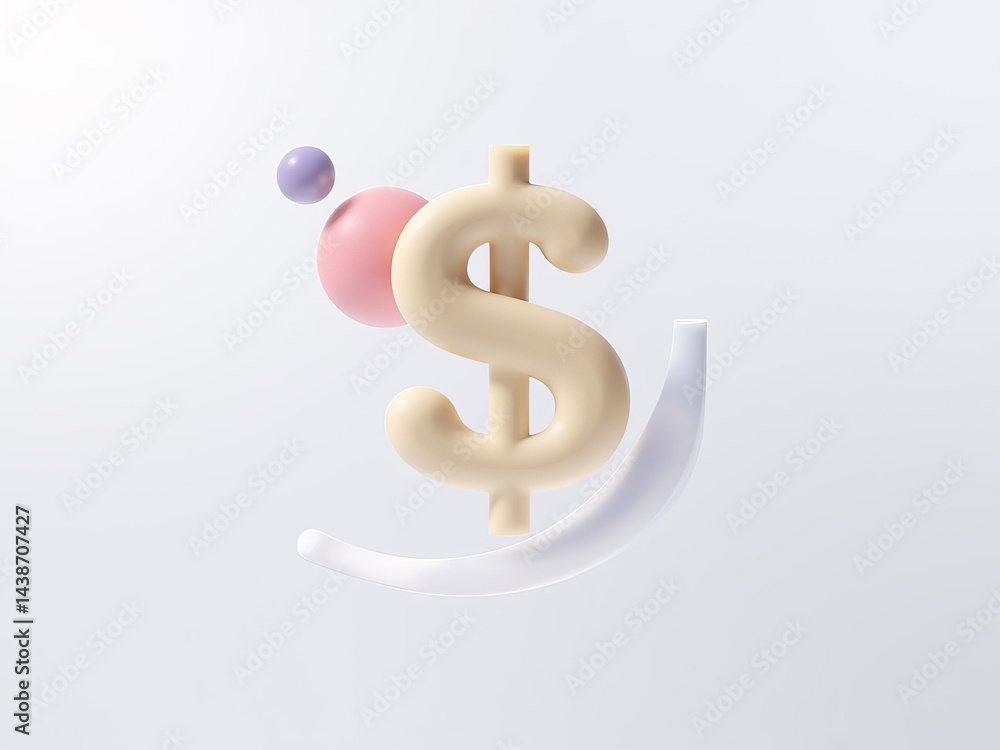 Obraz premium Stylized pastel dollar sign accompanied by abstract geometric shapes including a sphere, a disk, and a curved shape. Composition features minimalist design on light background