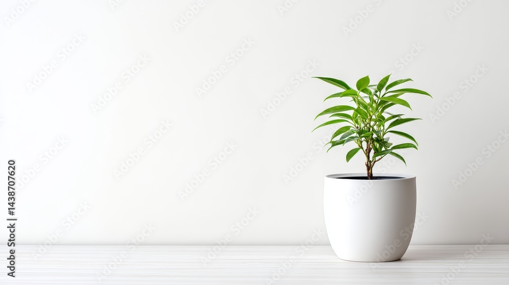 Green Plant in White Pot on White Background - Small green plant in a simple white pot, set against a white wall. Minimalist home decor Green Plant in White Pot on White Background - Small green plant in a simple white pot, set against a white wall. Minimalist home decor